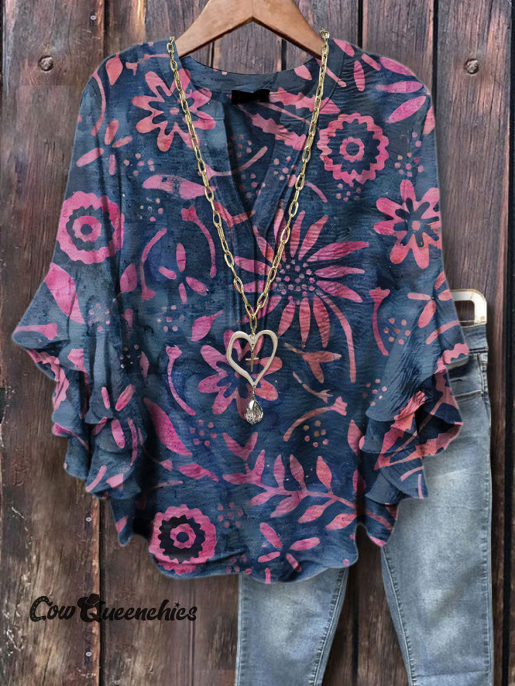 Women&rsquo;s Retro Floral Print Ruffle Sleeve Top Blue / S