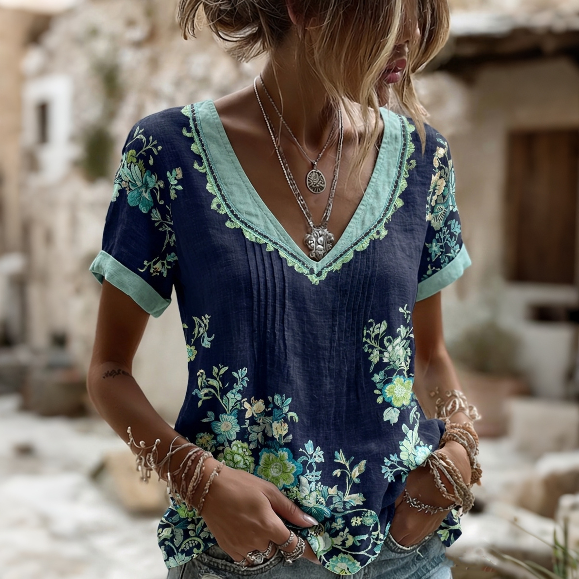 Comstylish Women's Retro Bohemian Floral Art Casual Linen Blend T-shirt