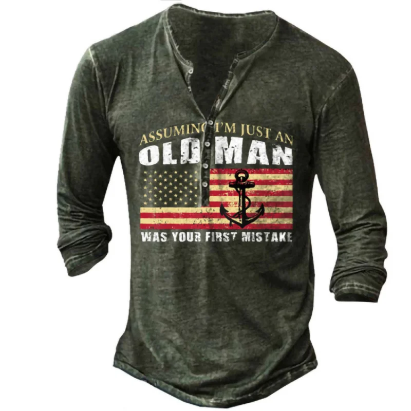 Men's Casual V-Neck Long Sleeve Digital Printed T-shirt