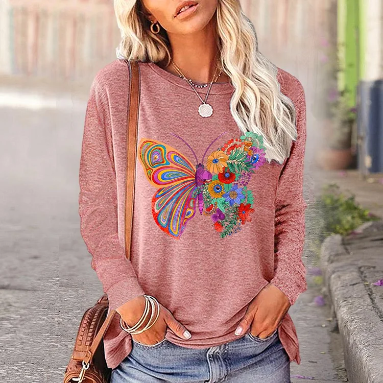 butterflies and flowers Round Neck Long Sleeves_G287-0023483