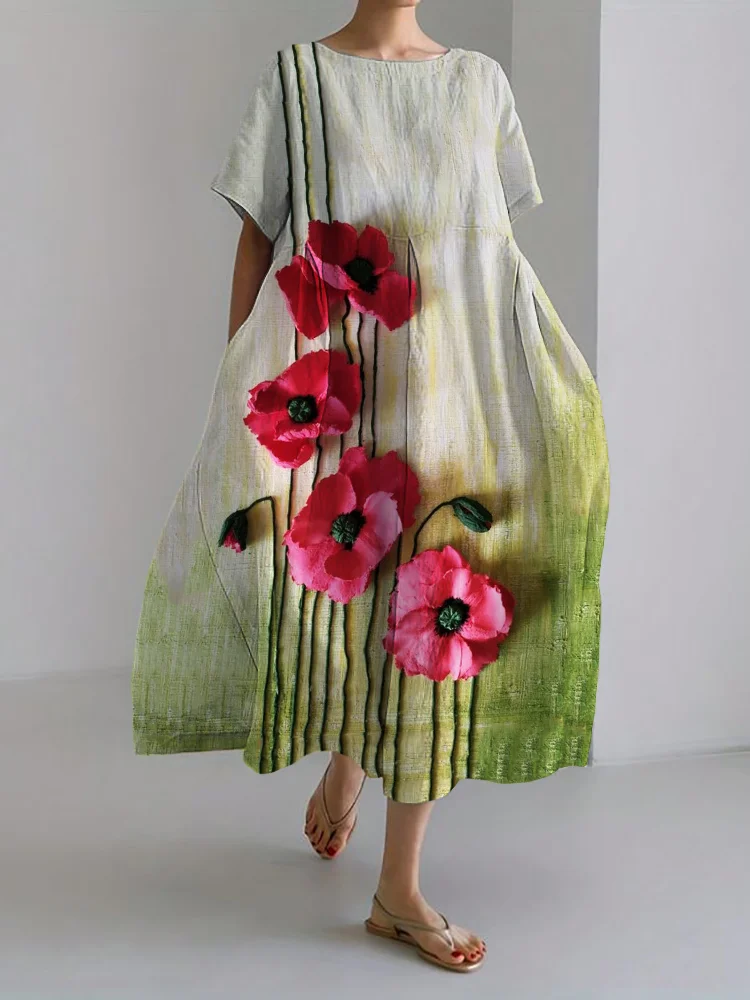 Classy Poppy Flowers 3D Oil Painting Linen Blend Maxi Dress