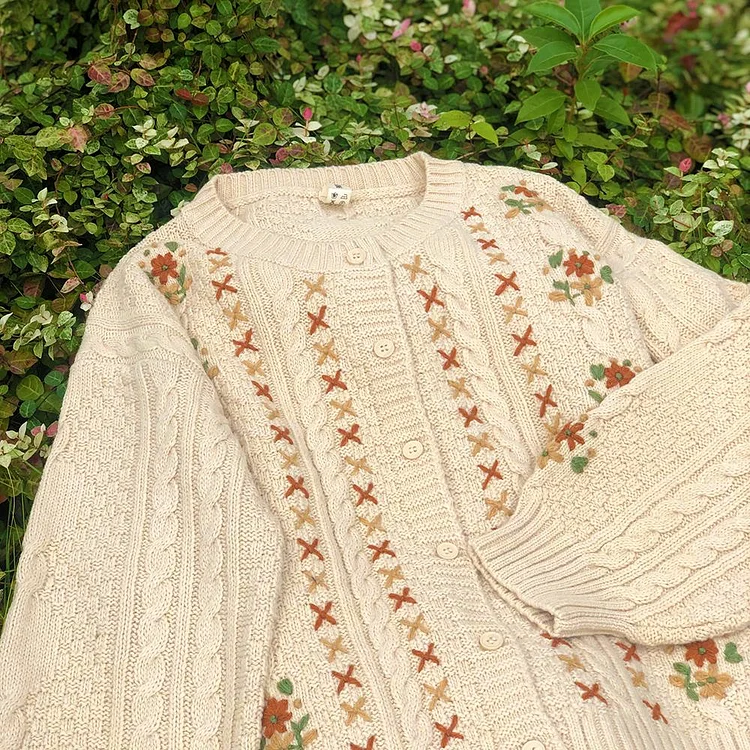 Queenfunky cottagecore style Hand Embroidered Little Flowers Cardigan QueenFunky