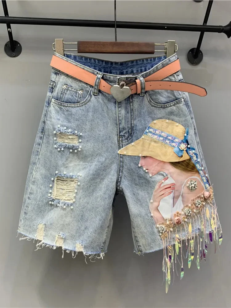 Huiketi Summer Women's Jeans Korean Fashion Hole Ripped Beading Vintage Printed Knee Length Denim Pants Y2K High Street