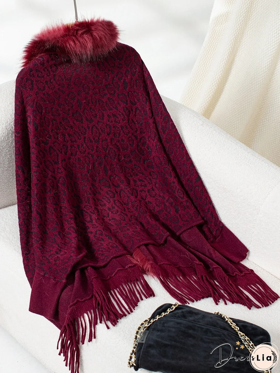 Fringe Leopard Open Front Long Sleeve Poncho