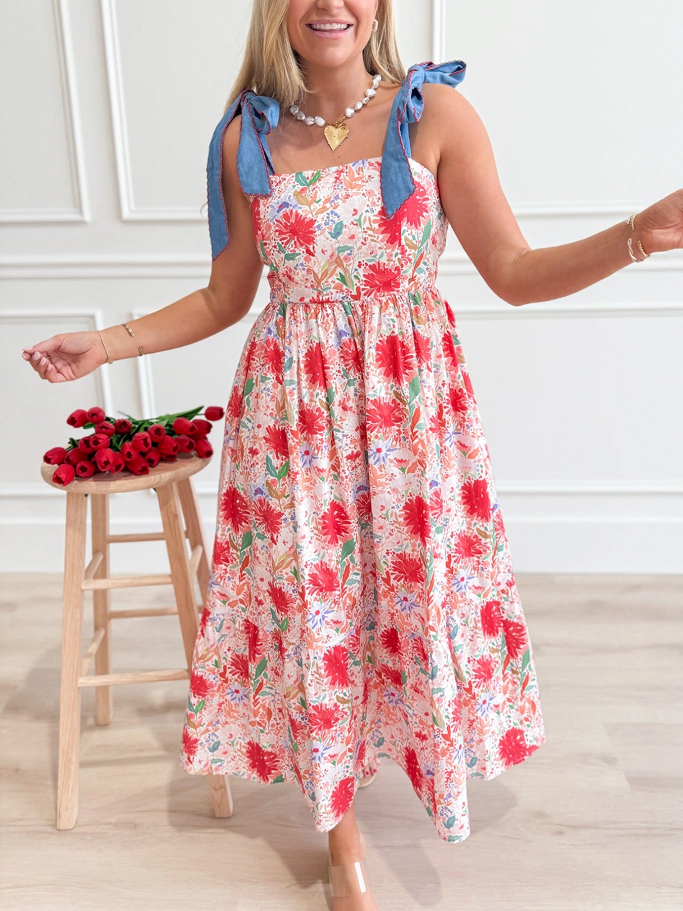 Floral Print Tie-Shoulder Midi Dress mysite idetrend