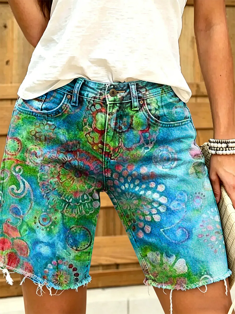Women's Hippie Retro Tie-Dye Art Print Fashion Denim Shorts