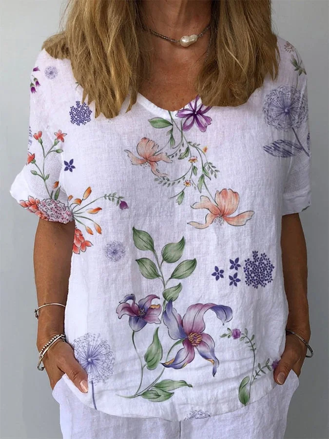 Women's Retro Floral Casual V-Neck Cotton And Linen Top