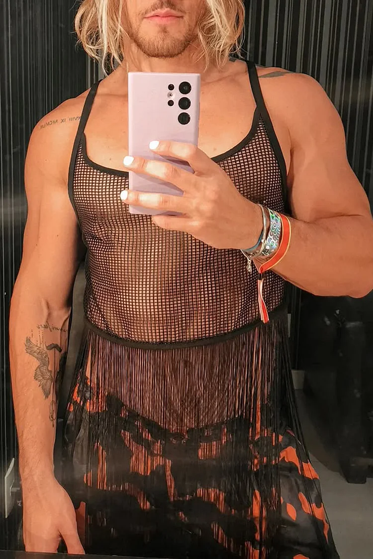 Men's Mesh See Through Long Fringe Black Cami Tank Top [Pre-Order]