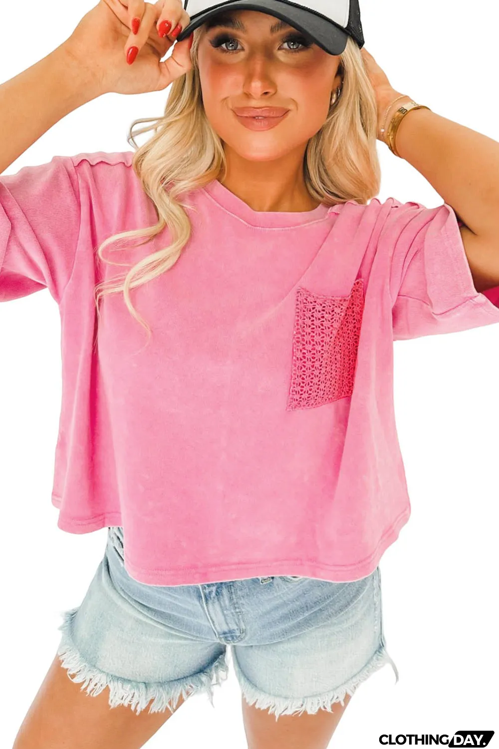 Pink Acid Wash Lace Patch Pocket T-Shirt