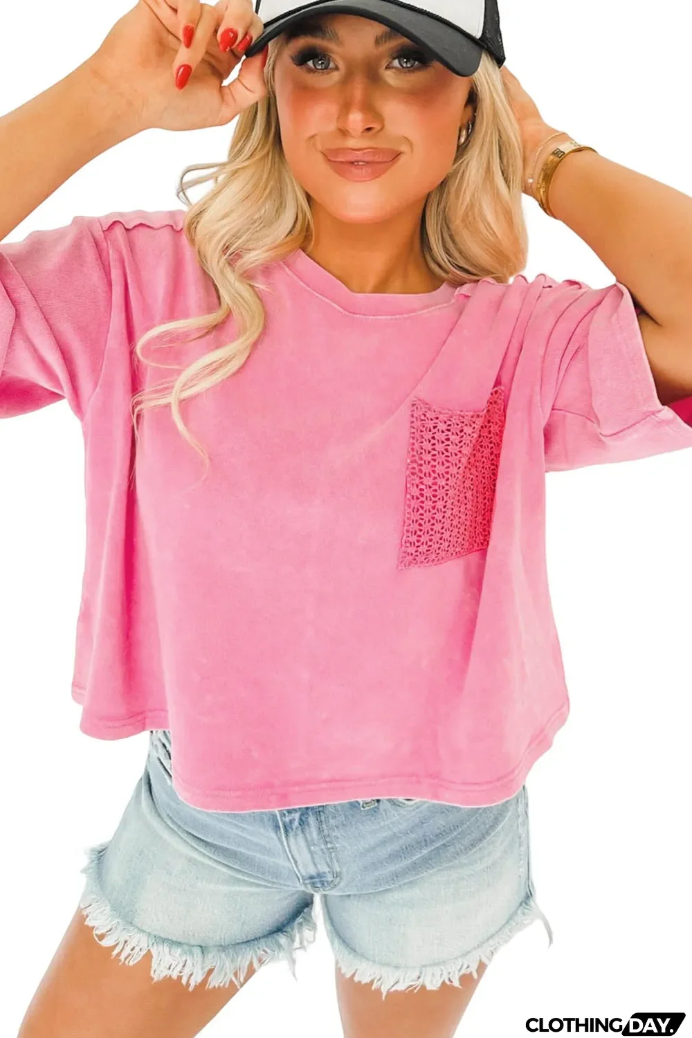 Pink Acid Wash Lace Patch Pocket T-Shirt