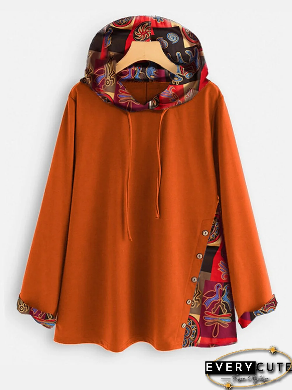 Vintage Patch Side Button Long Sleeve Overhead Hoodies