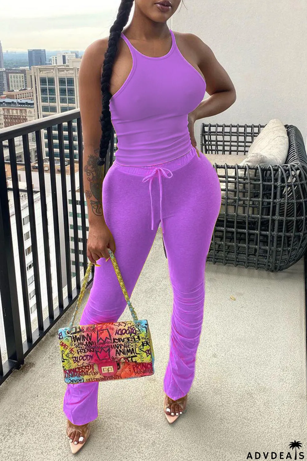 Light Purple Sexy Casual Solid Basic O Neck Sleeveless Two Pieces