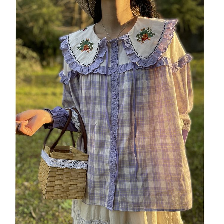 Queenfunky cottagecore style Embroidered Loose Fit Plaid Top QueenFunky