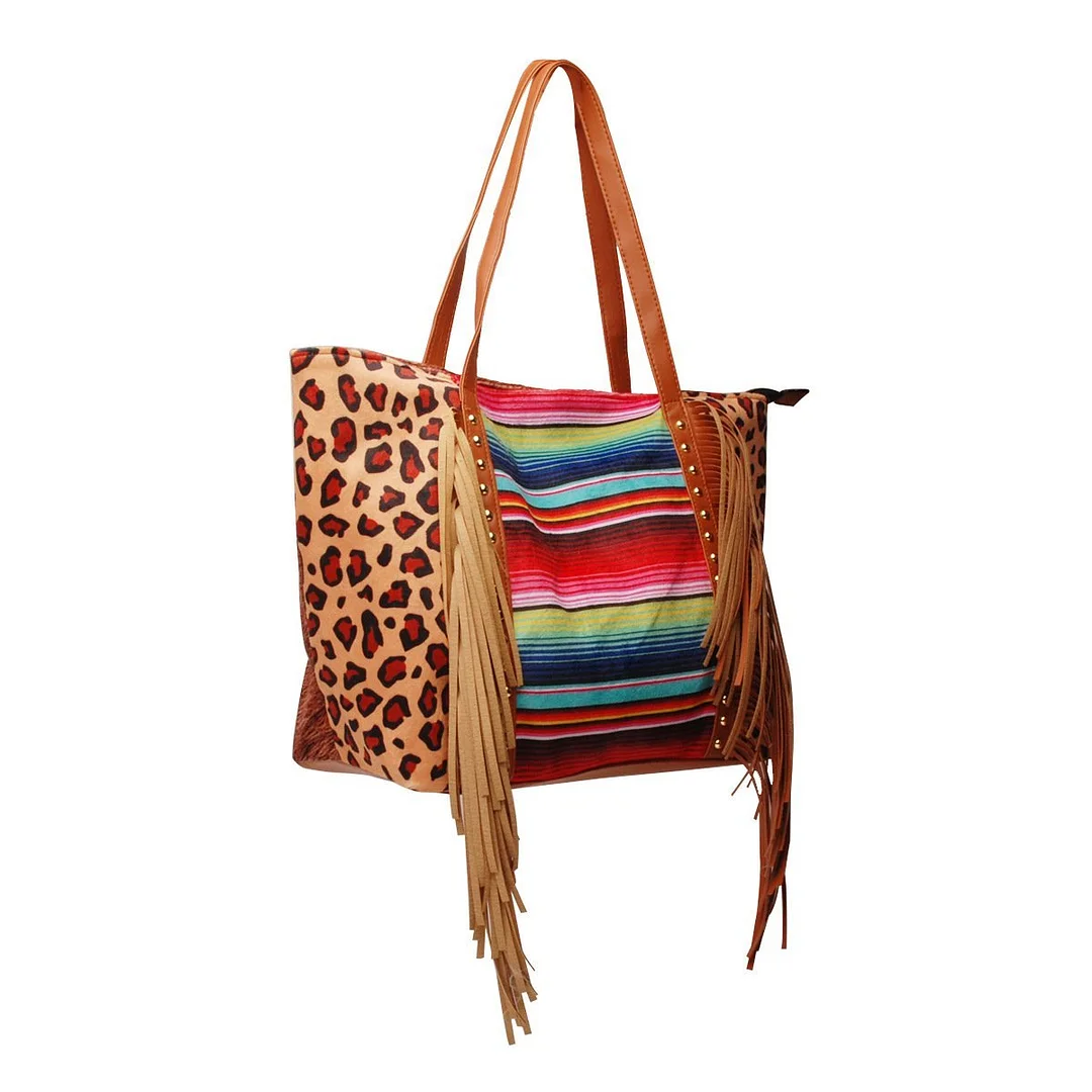 Leopard cow print sunflower sunflower tassel rivet PU super large capacity shoulder bag