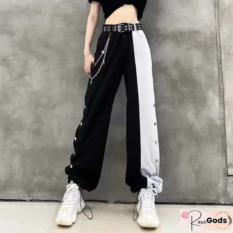 Women Patchwork Wide Leg Pants Fashion Loose Belt Y2K Pants Vintage Harajuku High Waist Elastic Straight Trousers Streetwear New