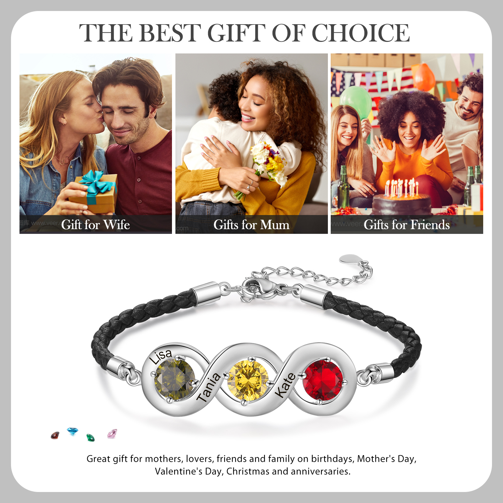 Braccialetto infinito personalizzato con 3 nomi e 3 pietre di nascita regalo per donna