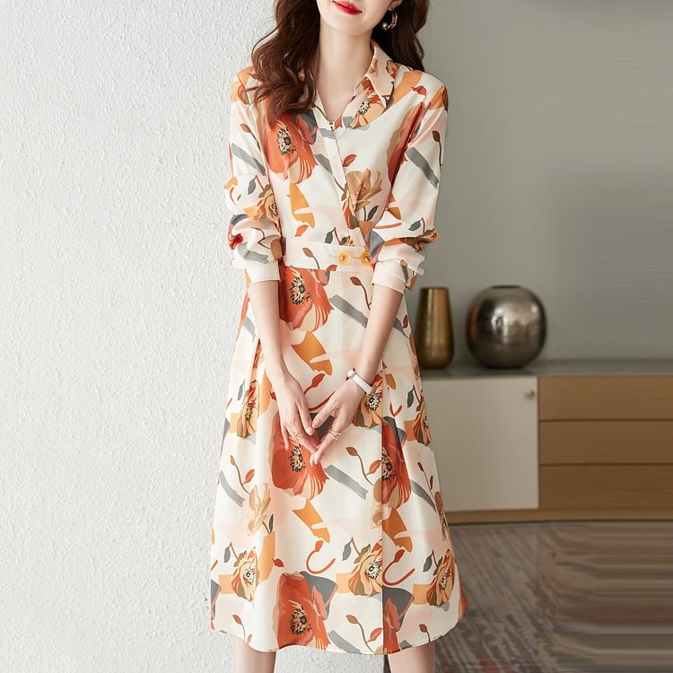 Orange Long Sleeve Floral A-Line Dresses QueenFunky