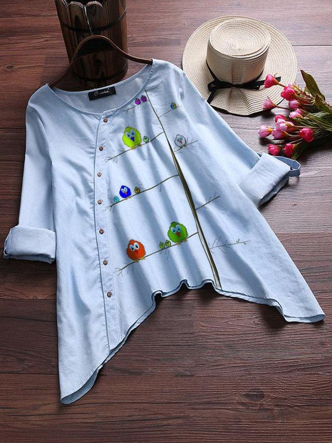 Blue Cotton-Blend Bird Vintage Shirts & Tops