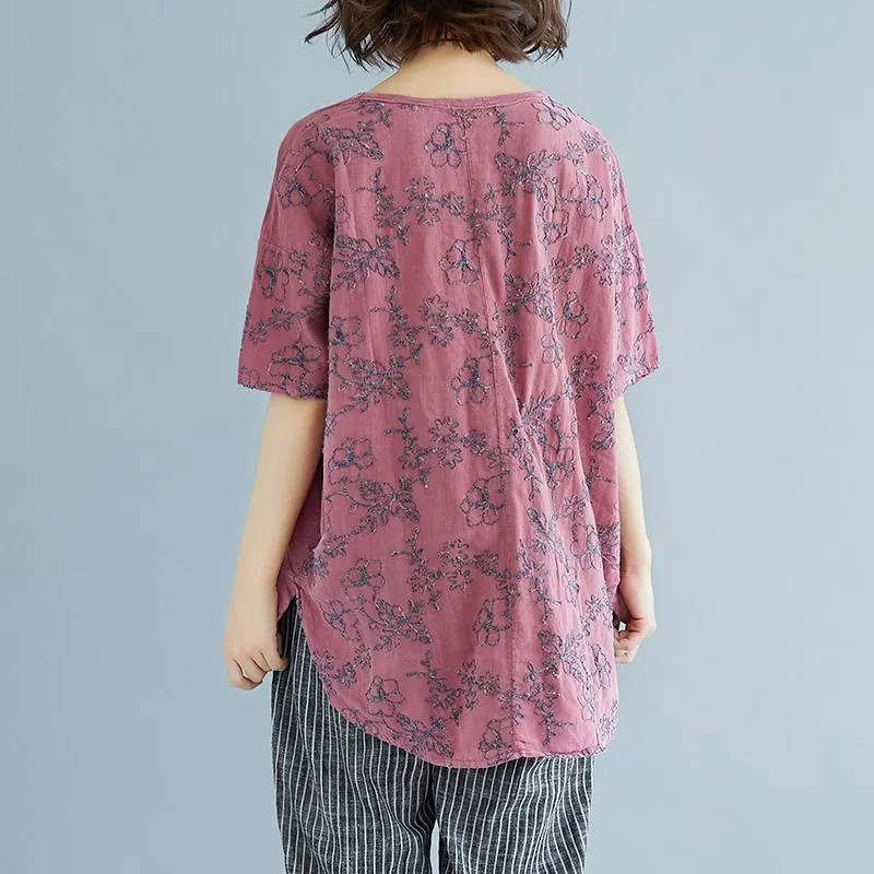 Elegant natural linen t shirt Loose fitting Summer Embroidery Short Sleeve Slit Pink Blouse