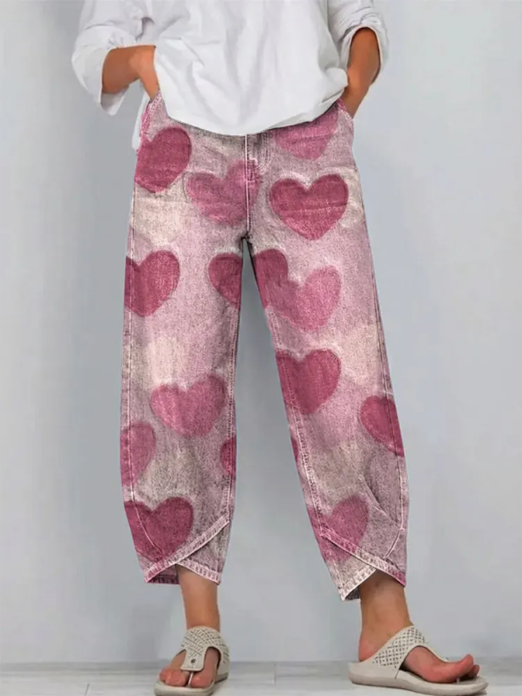 Women's Love Pattern Art Print Casual Cotton Denim Pants