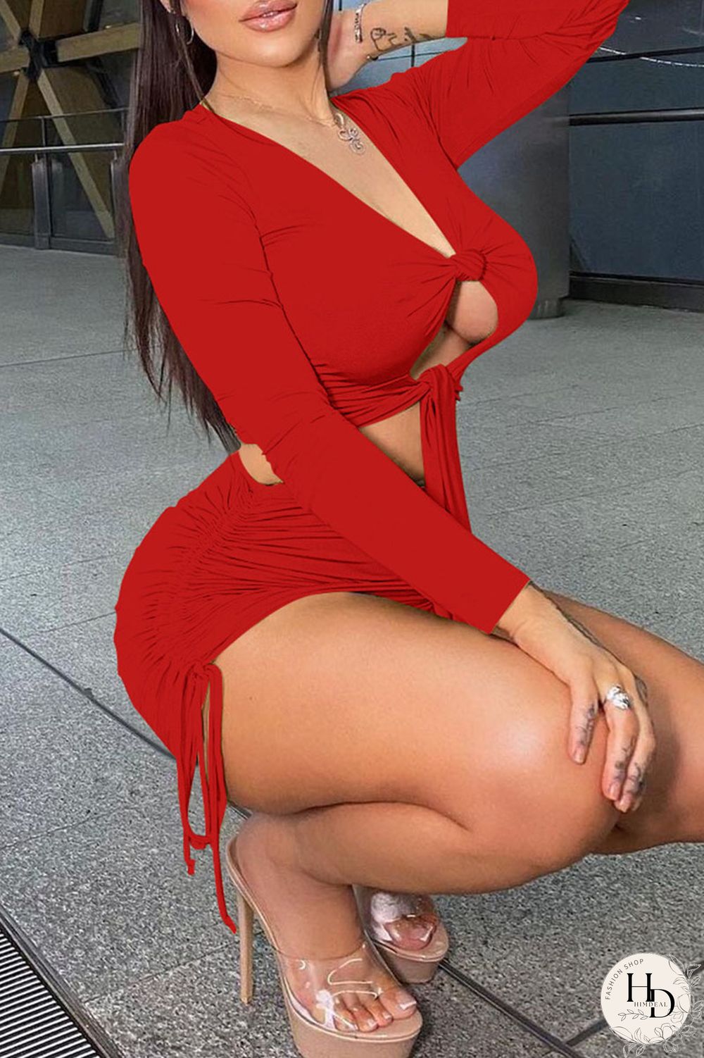 Black Sexy Solid Hollowed Out Split Joint Draw String Fold Knotted V Neck Long Sleeve Two Pieces