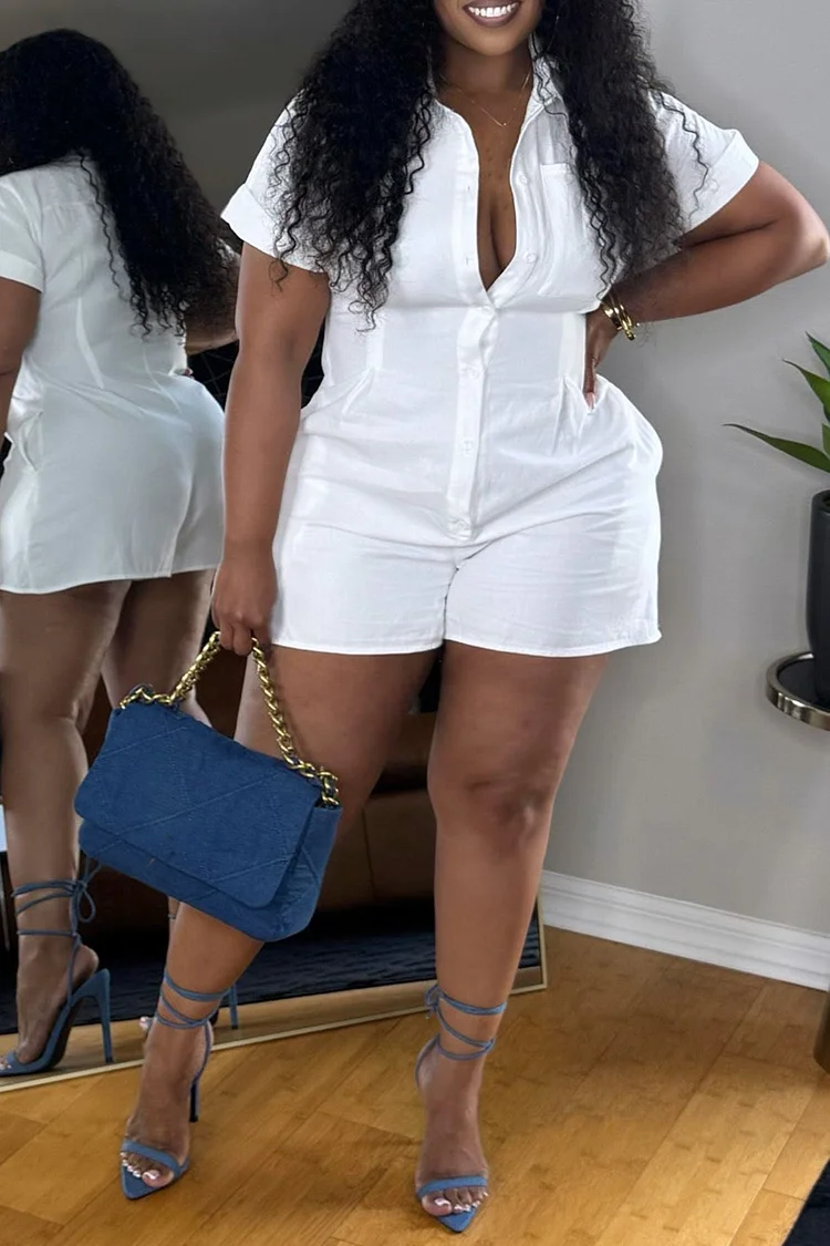 Plus Size Daily White Elegant Shirt Collar Short Sleeve Pocket Rompers [Pre-Order]