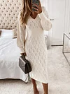 Solid Color V-Neck Long Sleeve Simple Slim Midi Dress