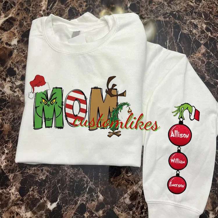 Custom Mama Christmas Sweatshirt With Kids Names On Sleeve