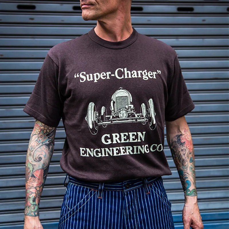 Vintage Super Charger Print Cotton Short Sleeve T-Shirt