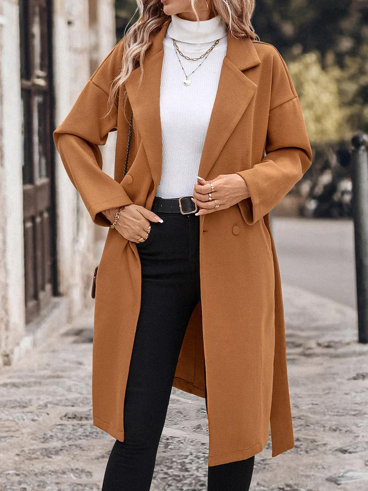 Women's Woolen Jacket Lapel Belt Tie up Mid Length Trench Coat