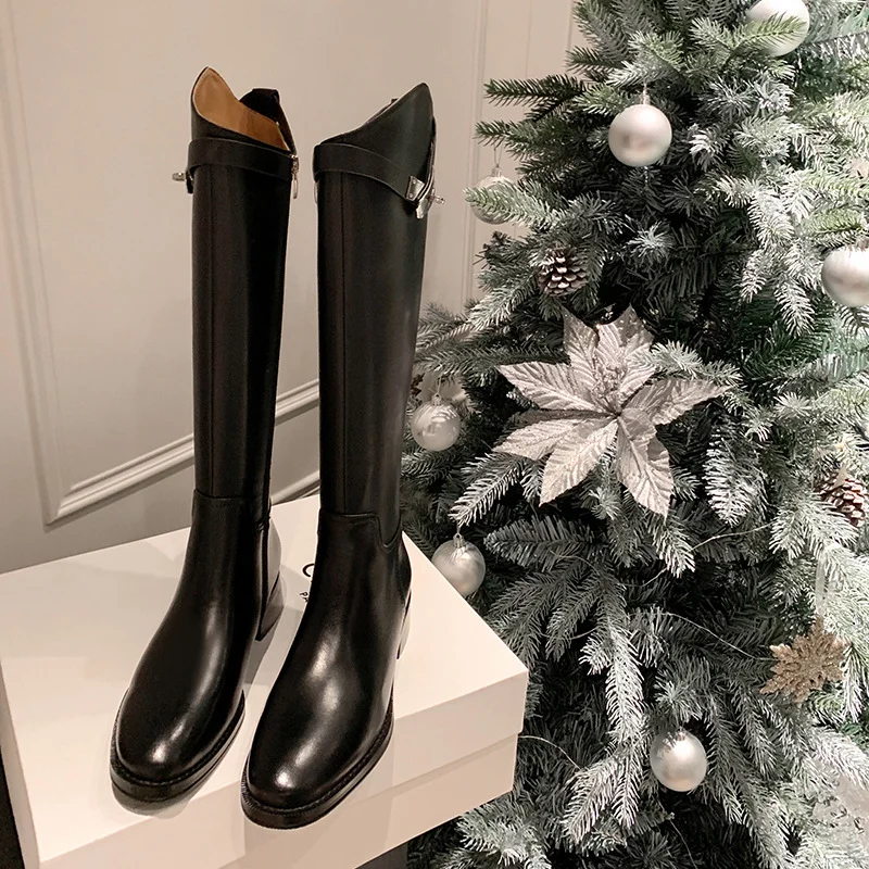 Churchf Churchf 2024 New But Knee Boots British Metal Buckle Knight Boots Thick Heel Boots High Boots Flat Boots