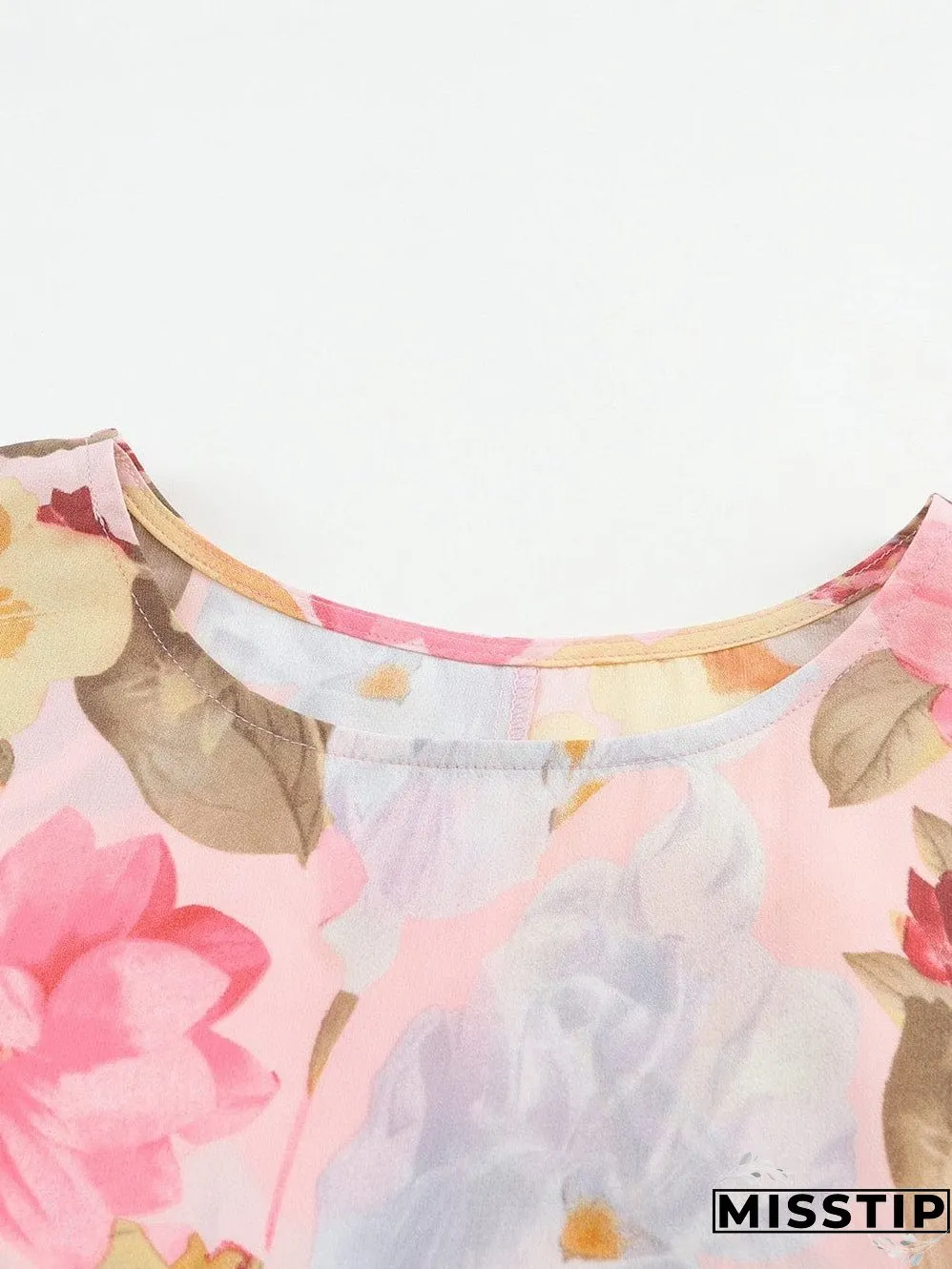 Pink Floral Loose Fit Blouse with Shirred Cuffs