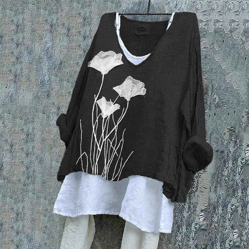 Classy Poppy Floral Embroidered Fiber Art Linen Blend Tunic