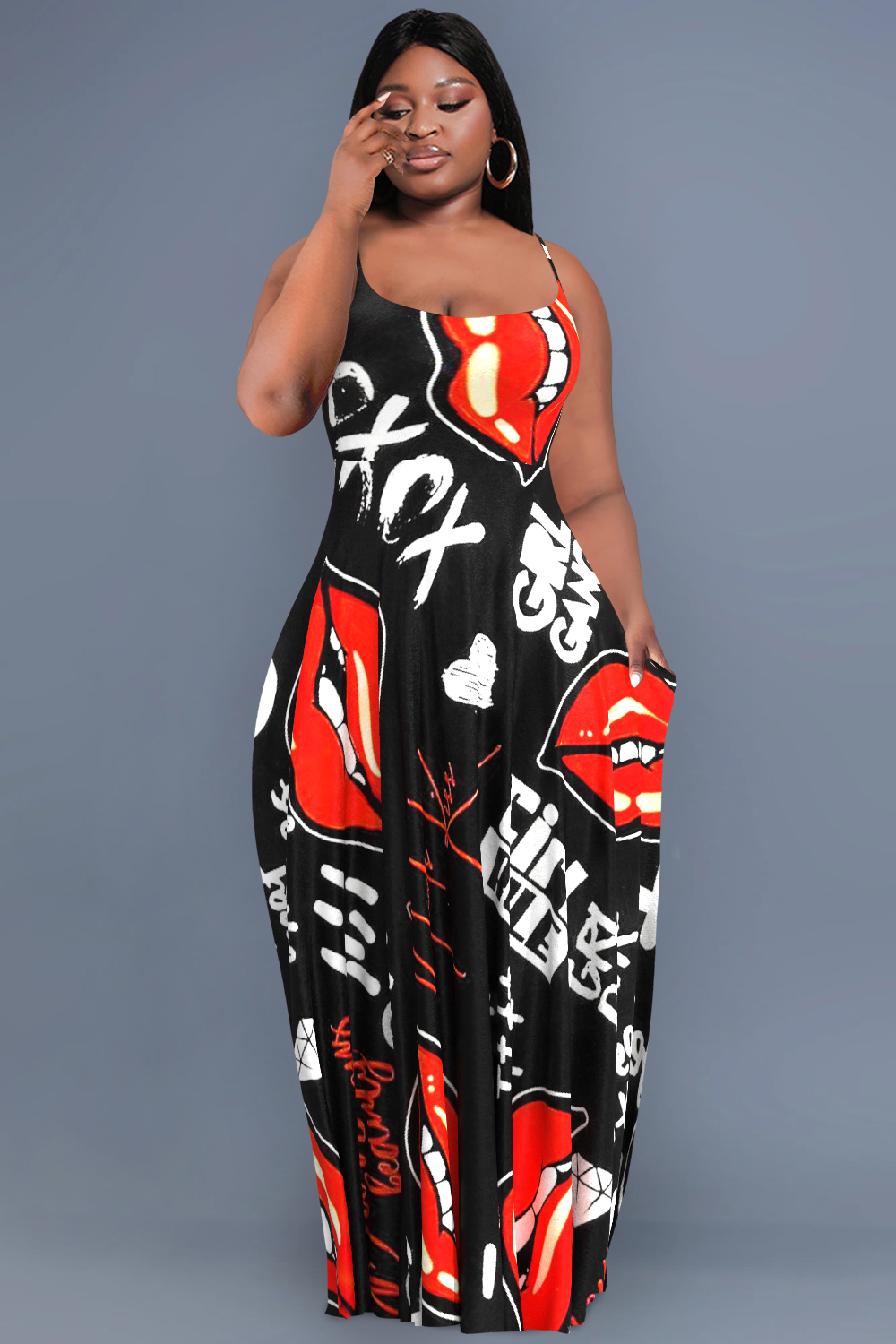 Design Plus Size Daily Lips Graphic Print Camisole Maxi Dresses [Pre-Order]