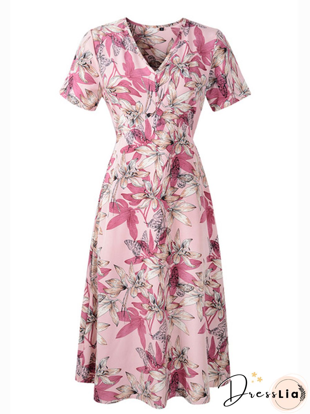 Floral Print V-Neck Half Elastic Waist Dress
