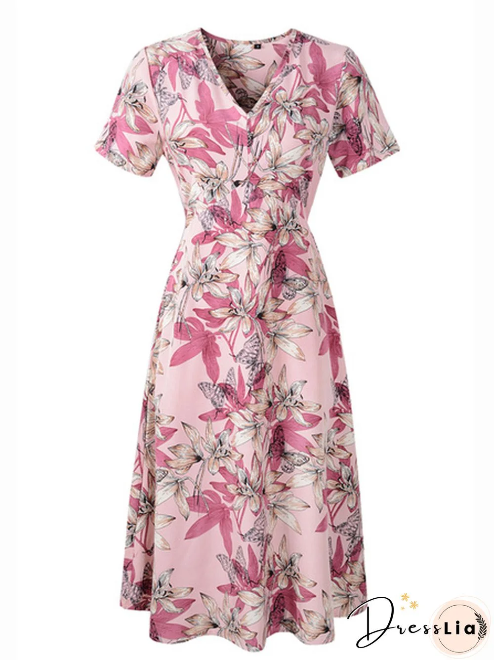 Floral Print V-Neck Half Elastic Waist Dress