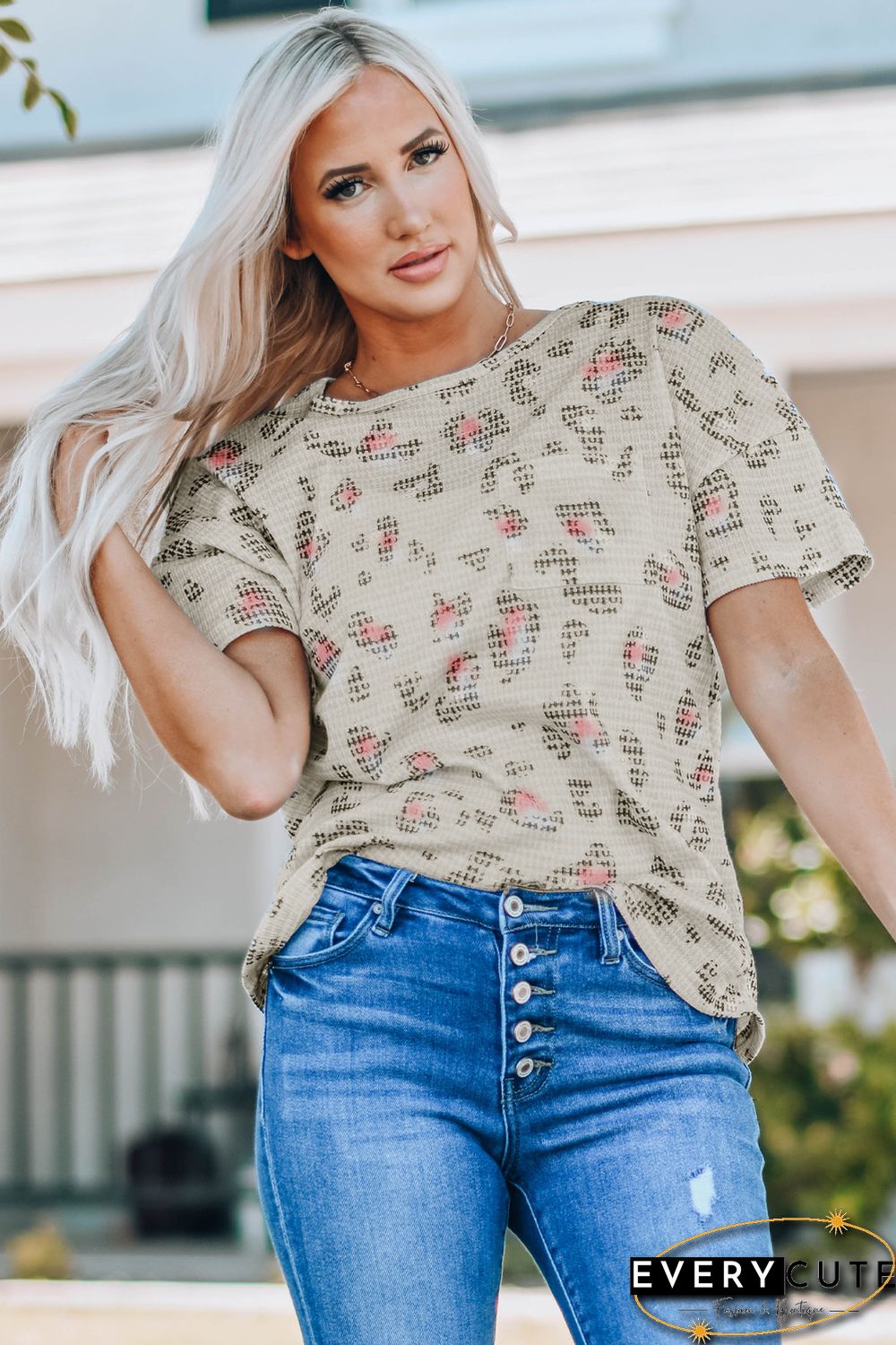 Leopard Waffle Knit Short Sleeve Top