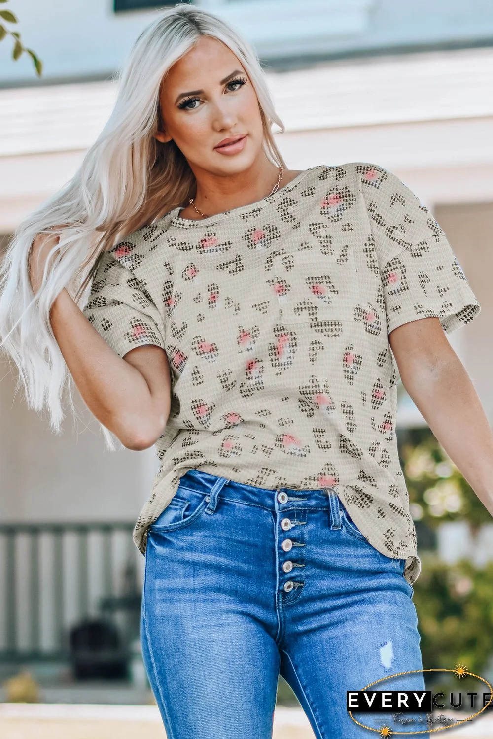 Leopard Waffle Knit Short Sleeve Top