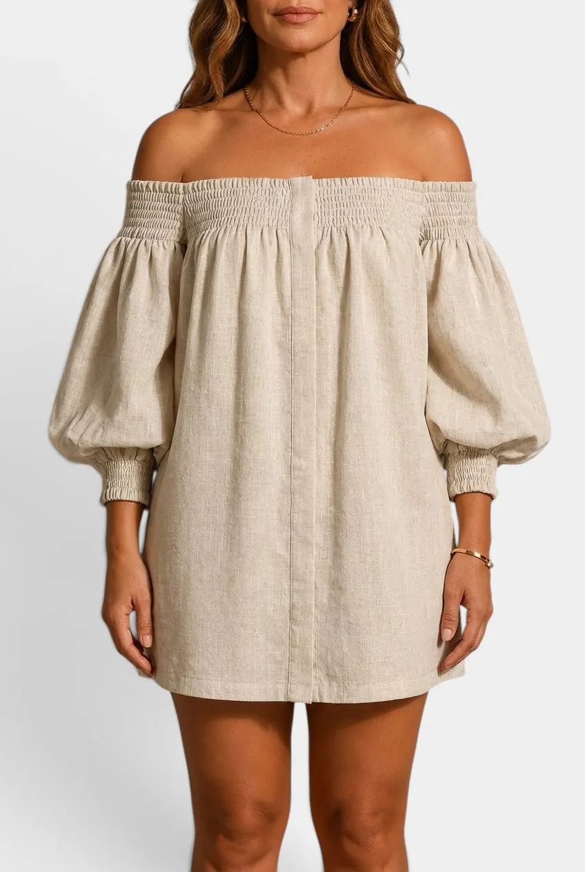 Off-the-Shoulder Smocked Puff Sleeve Mini Dress