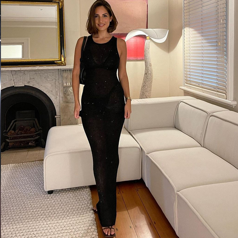 Ootddress See-Through Fashion Sleeveless Maxi Dress Female Casual Sequin Slim High Waist Streetwear Vest Clothes Women Long Dress