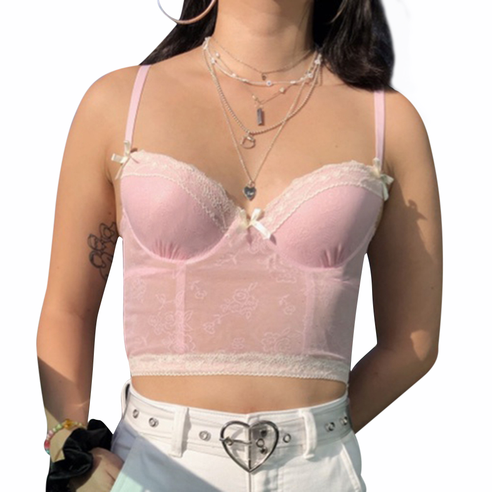 

Y2K Lace Bow Slip Camisole Mesh Tunic Crop Tops, Pink, 501 Original