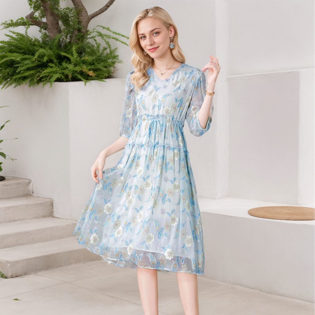 Women's Silk Floral Dress Embroidered Vacation Style REAL SILK LIFE