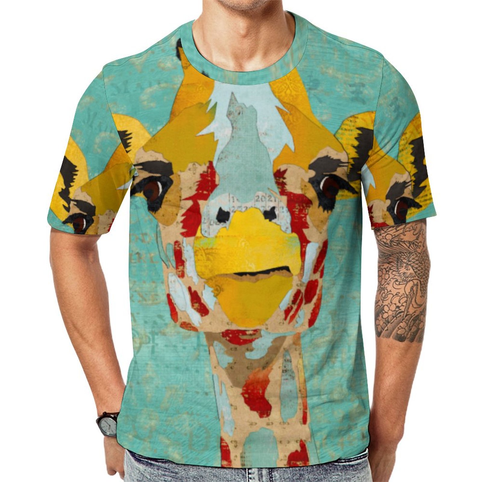 Gold Peeking Giraffes Mojos On Green Short Sleeve Print Unisex Tshirt Summer Casual Tees for Men and Women Coolcoshirts