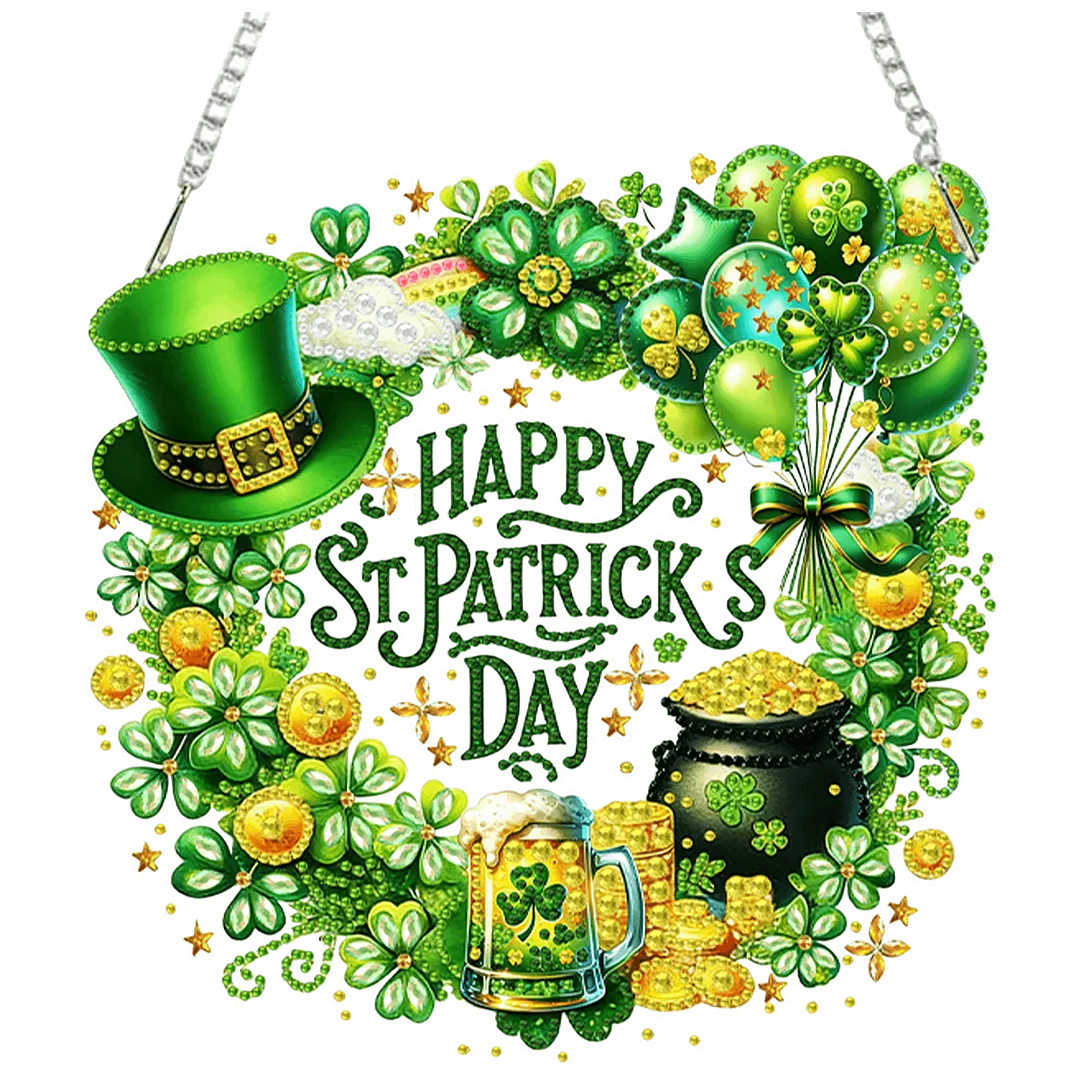 St Patricks Wreath DIY 2D Flat Acrylic Diamond Painting Kits 5D Diamond Art Painting Window Pendants for Home Garden Wall Decoration