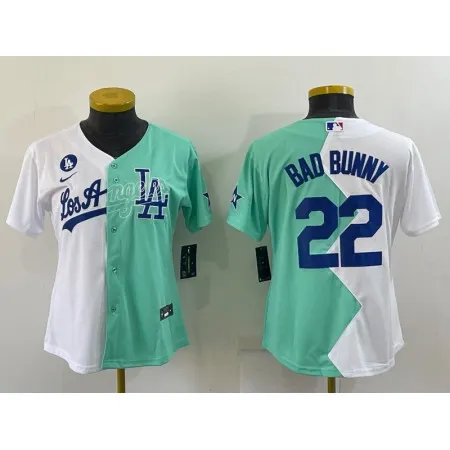 Women's Los Angeles Dodgers #22 Bad Bunny 2022 All-Star White/Green Split Stitched Baseball Jersey(Run Small) QWOV