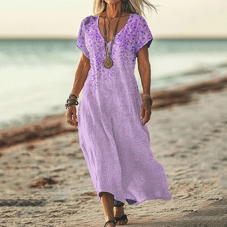 Vintage Violet Floral Art Pattern Casual Maxi Dress