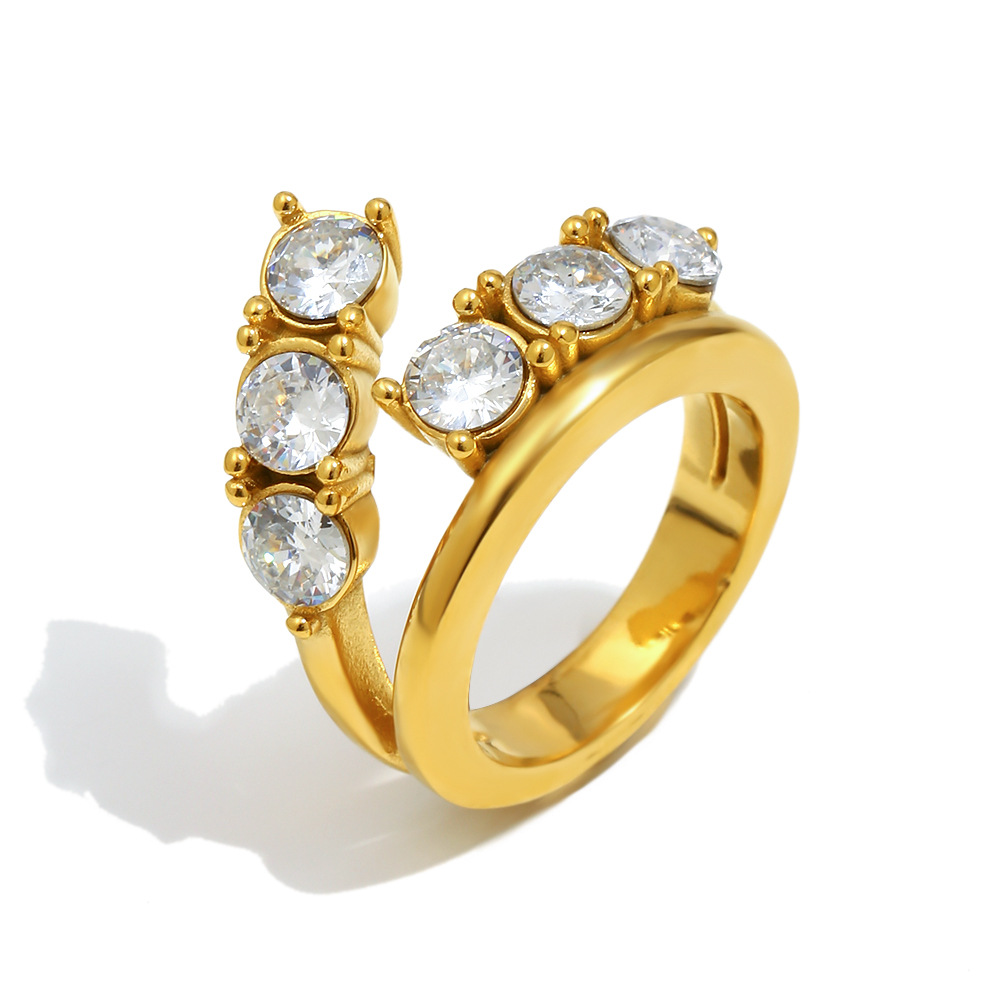 Simple yet luxurious stainless steel ring with 18K gold plating featuring a double-layered zircon design