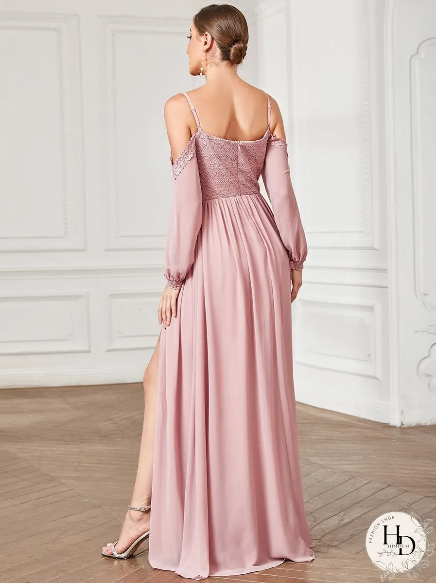 Deep V neck A Line Long Sleeves Wholesale Bridesmaid Dresses