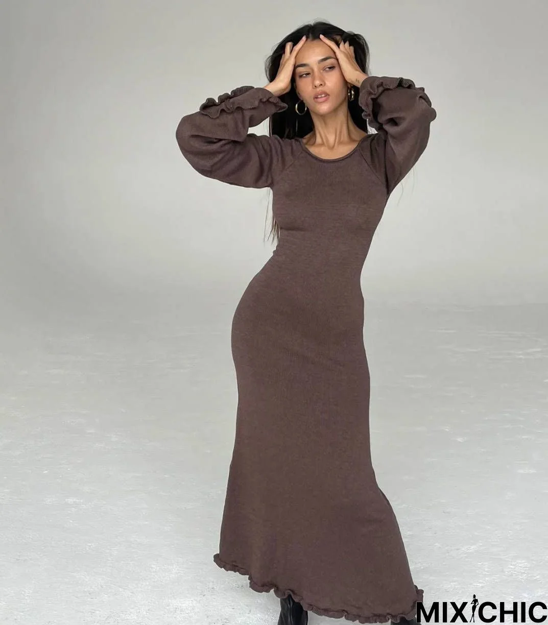 solid knitted open back flared long sleeve maxi dress elegant sexy clothes for women  fall resort wear C76-DF27