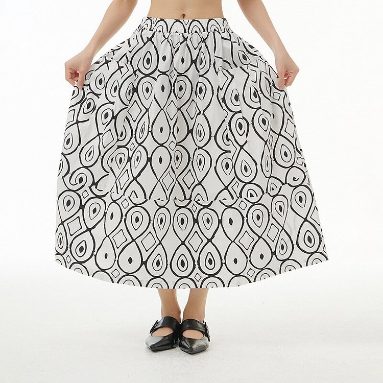 3.31Elegant White Ethnic Printed Pockets Elastic Waist Skirt